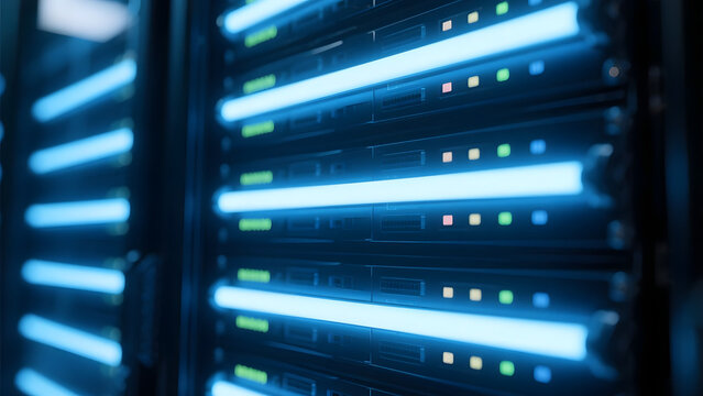 Server Rack with Illuminated Hard Drives in a Data Center