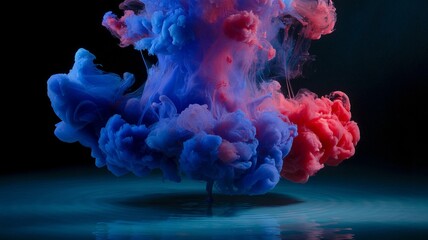 Ethereal dance of blue and red ink in water, creating a mesmerizing cloud-like formation