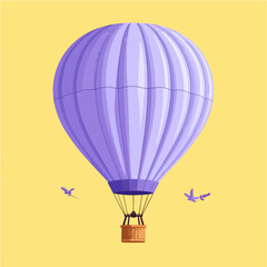 Obraz premium A vector illustration featuring a lavender hot air balloon against a sunny yellow background, complemented by two flying birds, capturing a sense of freedom and adventure.