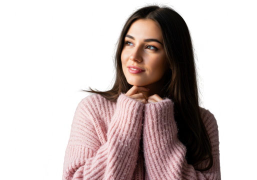 A beautiful young woman with long dark hair and blue eyes, wearing a pink knitted sweater, looks thoughtfully away, isolated on a transparent background
