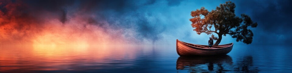 A lone figure sits contemplatively in a boat beneath a tree on calm waters, bathed in a magical light perfect for a website header and reminiscent of leeyongjay.