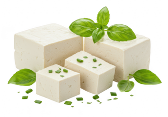 Cubes of fresh tofu garnished with basil leaves, isolated on a transparent background