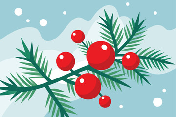 close up of snowy pine branches with red berries