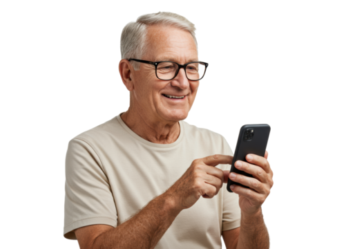 An elderly caucasian man in his mid-70s with grey hair and black glasses, wearing a light beige t-shirt, happily scrolling a modern black smartphone in a bright studio with a transparent background