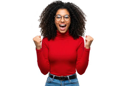 An excited young woman with curly hair and glasses cheers with joy isolated on transparent background