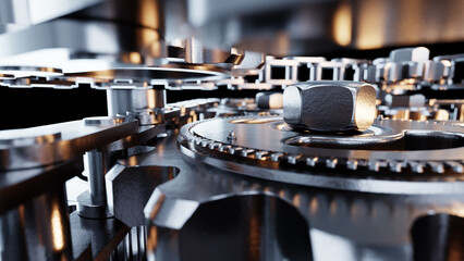 Complex gear mechanism rotating with interlocking metal cogwheels