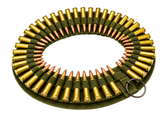 Circular belt of ammunition with brass cartridges and green links isolated on transparent background