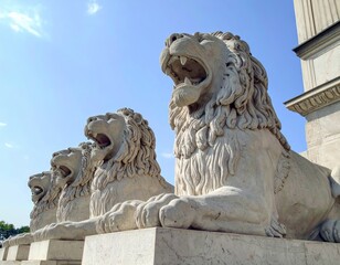 Four stone lions, in profile, roaring, atop a pedestal