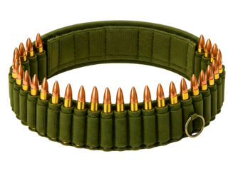 Camouflage ammunition belt with cartridges isolated on transparent background