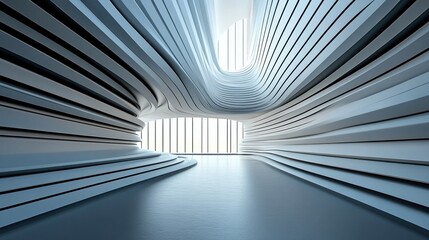 Naklejka premium Futuristic architectural interior with layered ceiling design and natural light streaming through expansive windows showcasing modern innovation