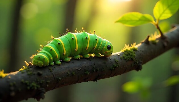Macro shot of small caterpillar crawling on rugged tree branch

High detail closeup of caterpillar traversing textured tree bark

Tiny caterpillar in motion on rough tree branch macro photography

Clo