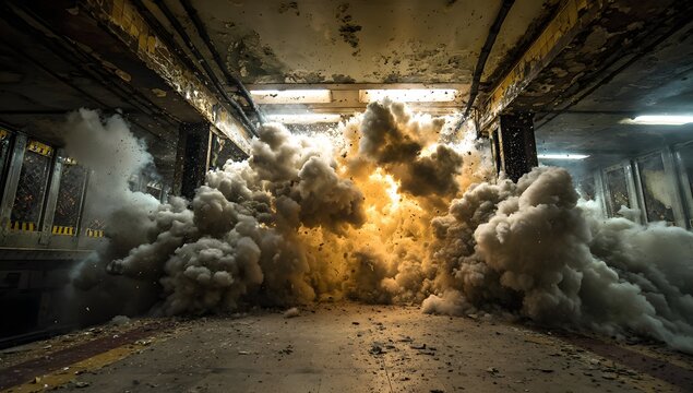 Massive explosion in abandoned subway station with smoke and fire
- Powered by Adobe