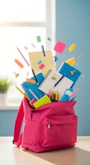 Pink backpack overflowing with colorful school supplies; cheerful back to school concept.