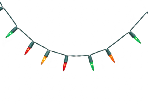 A string of colorful christmas lights isolated on a transparent background