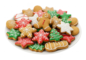 A plate full of assorted colorful christmas cookies, including gingerbread men isolated on transparent background