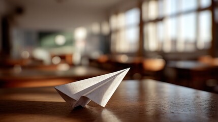 Paper airplane on wooden classroom table