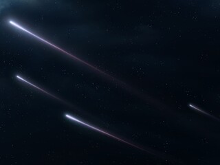 Meteors in the atmosphere. Star trails in the sky. Falling fireballs isolated. Shooting stars on a dark background.