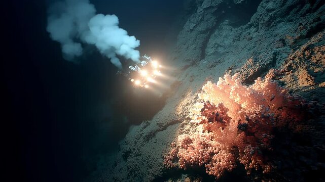 A deep-sea submersible glides through the darkness, casting brilliant light upon vibrant coral reefs.