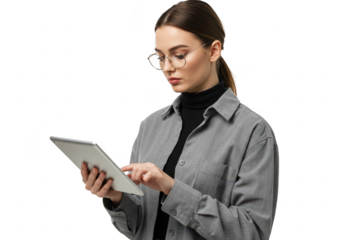 A young woman wearing glasses and a grey shirt uses a tablet computer isolated on transparent background