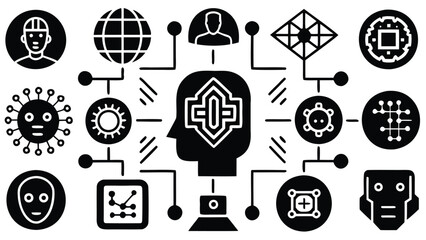 Black and white ai themed graphic with head connected to various icons and technology symbols around it