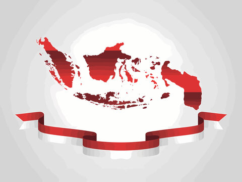Indonesia map in red and white with ribbon, symbolizing national identity and patriotism.