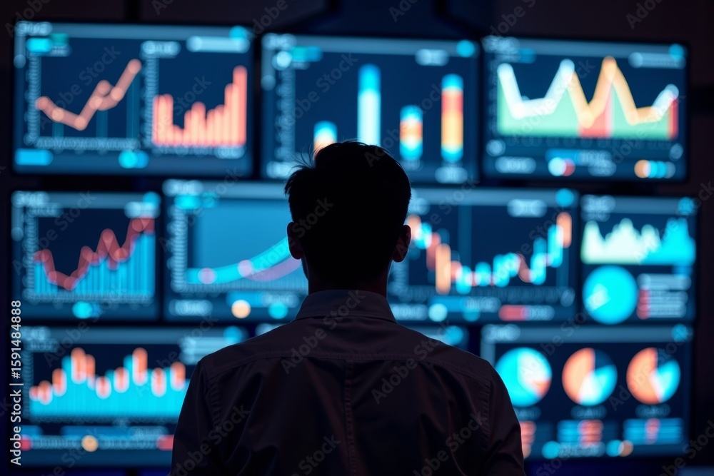 Poster silhouetted person immersed in glowing screens of data visualizations, showcasing profound data anal