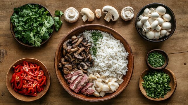 Overhead view of a wooden bowl filled with rice, mushrooms, beef, and scallops, surrounded by bowls of chopped chili peppers, parsley, and chives.