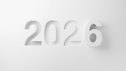 White minimalist 2026 numerals are set against a clean flat background. Concept of futuristic design and modern simplicity. New Year and Christmas promotions.