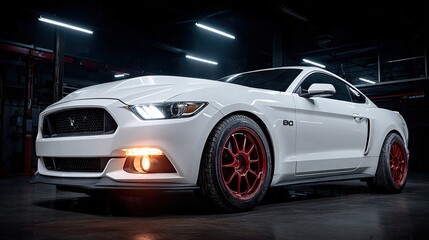 White car, with red rims, in a garage with a dark background and bright overhead lights