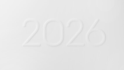 An embossed white number 2026 is set against a smooth light gray background. Concept of futuristic design and minimalist aesthetics. New Year and Christmas promotions.