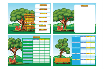 Cute Weekly and Daily Planner Vector Template. Colorful forest-themed organizer with squirrels, trees, and wooden signboards for days of the week, daily budget, notes, and reminders. 
