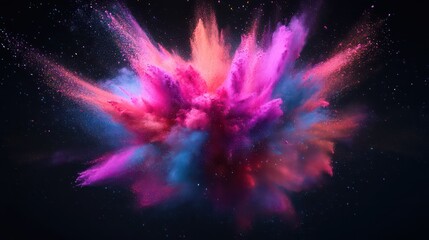 Vibrant explosion of pink, purple, and blue powder against a dark cosmic backdrop