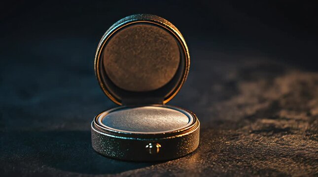 A closed vintage velvet ring box with textured exterior sits on a dark reflective surface illuminated by warm low lighting casting subtle shadows and highlighting its craftsmanship