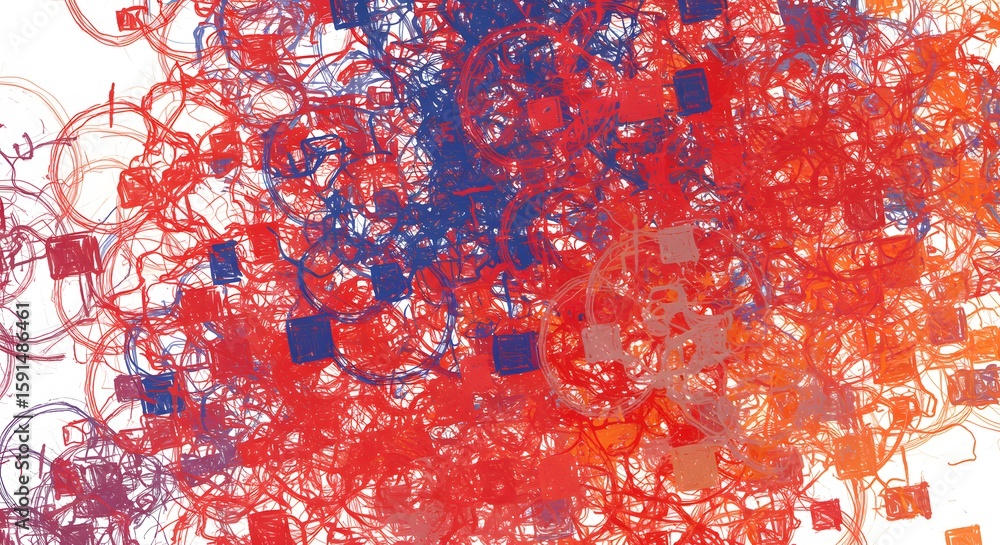 Aufkleber an abstract digital artwork featuring a chaotic arrangement of red circles, blue squares, and connec