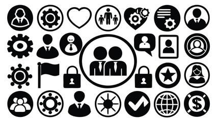 Collection of various black and white icons including people gears and other miscellaneous symbols