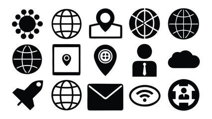 Illustration of various communication and technology icons including globe, location, and networking symbols