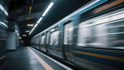 Motion-blurred subway train passing through a station platform at night
