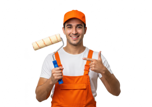 A smiling painter in orange overalls and cap holds a paint roller and points, isolated on a transparent background