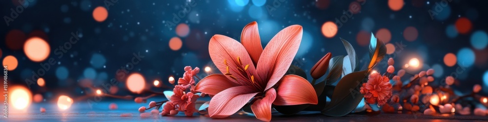 Poster a serene sci-fi scene with a vibrant lily bloom set against a bokeh background, ideal as a website h