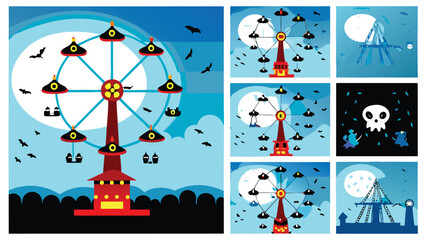 A spooky ferris wheel with bats flying around on a halloween night under the moonlight scene view