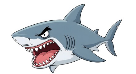 A fierce cartoon shark with its mouth wide open, revealing sharp teeth and an angry expression, is depicted against a clean white background