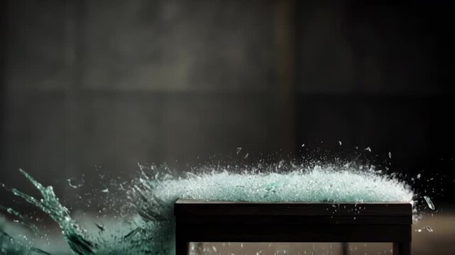 In a mesmerizing moment, sharp shards of glass explode dramatically, sending fragments scattering in a dynamic and artistic formation, showcasing beauty hidden in chaos.