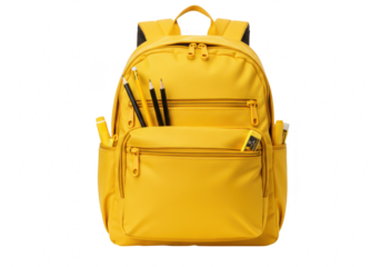 A bright yellow backpack filled with school supplies like pencils and a calculator, isolated on a transparent background