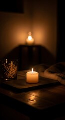 Warm Candlelight Glow: Serene Spa Ambiance, Wooden Tray, Cozy Relaxation