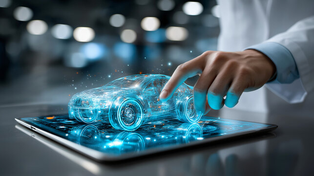 Digital Car Model on Tablet Futuristic Automotive Car Design Simulation Technology