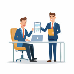 Businessman in formal suit presenting financial product brochure to client, friendly face