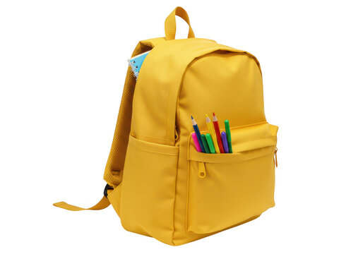 A yellow backpack with colorful pencils and a notebook peeking out, isolated on a transparent background
