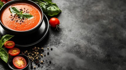 Creamy tomato soup with basil and pepper on a dark background