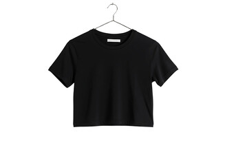Plain black cropped t shirt hanging on a wooden hanger isolated on transparent background