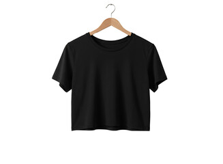 Plain black cropped t shirt hanging on a wooden hanger isolated on transparent background